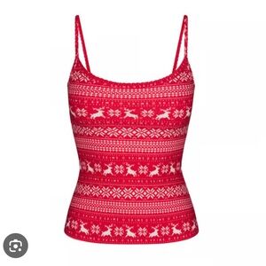 NWT SKIMS logo plush pointelle cami in red deer fairisle